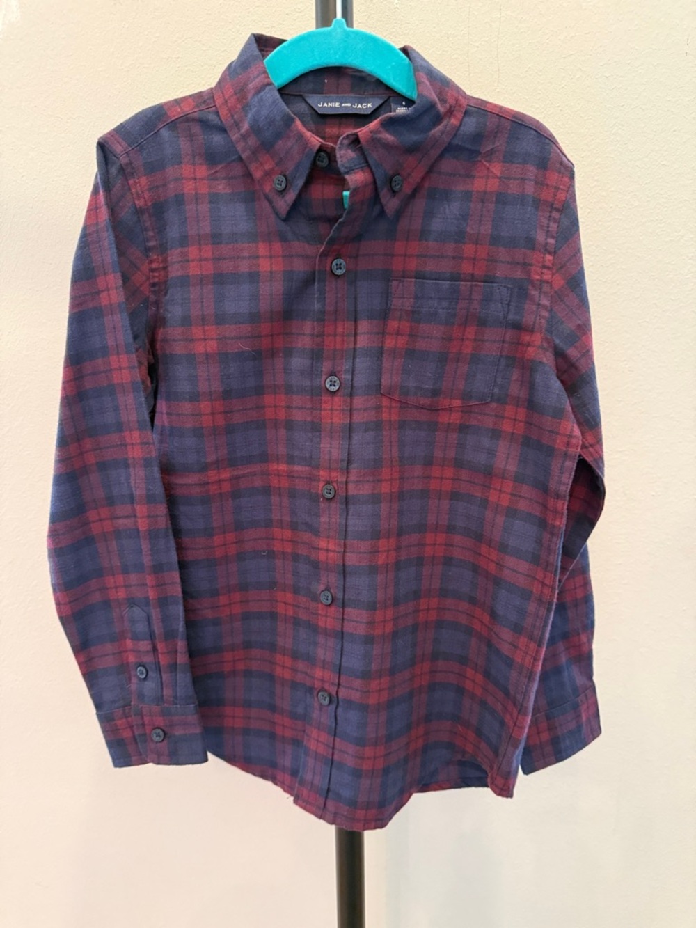 Janie and Jack Boys' Navy & Burgundy Plaid Button-Down Shirt, Size 6 - Picture 3 of 4